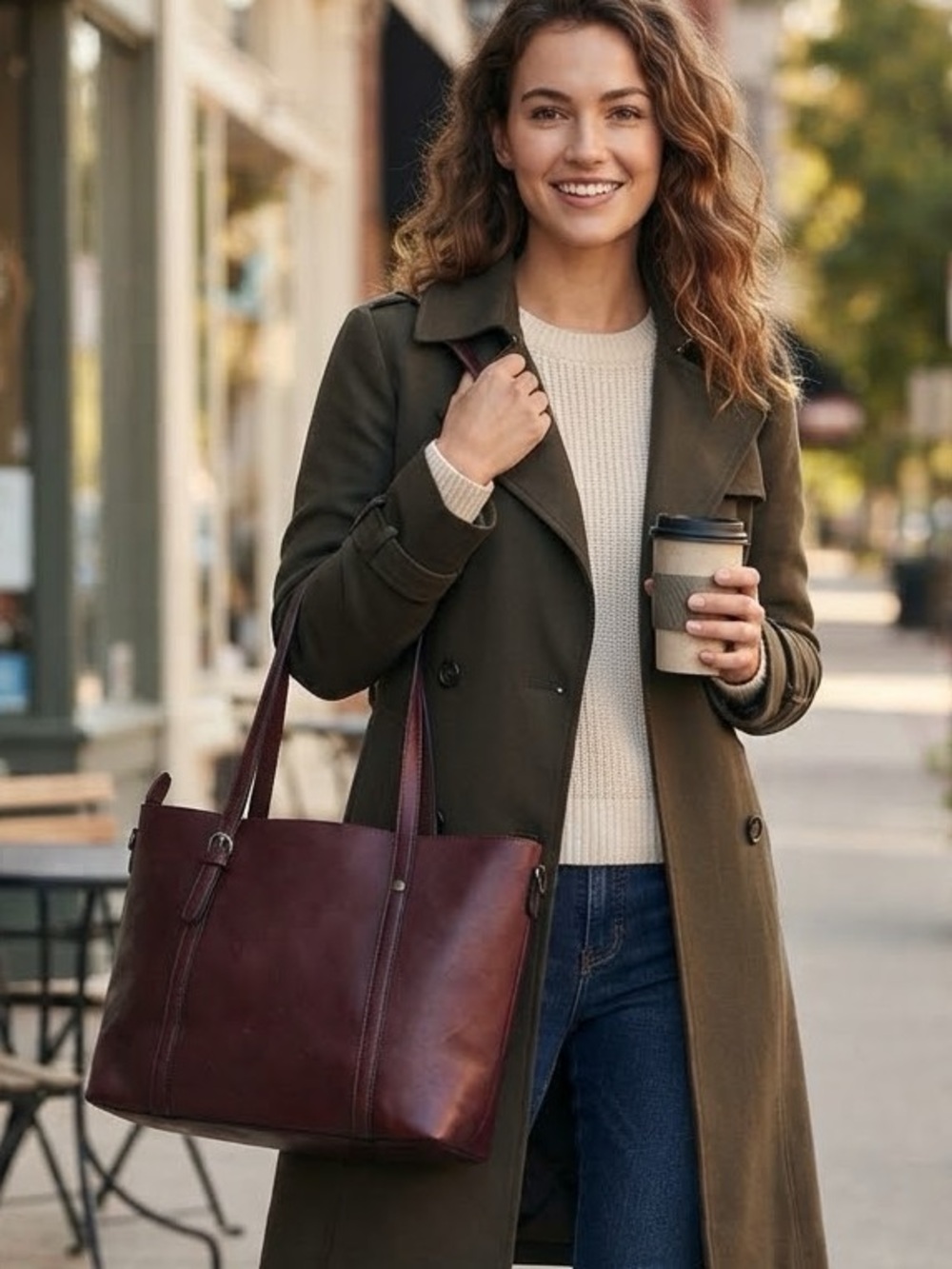 Women's Classic Burgundy Leather Tote Bag - Picture 7 of 7